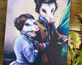 Stampa artistica di una coppia di opossum vittoriani – Dipinto rinascimentale di opossum