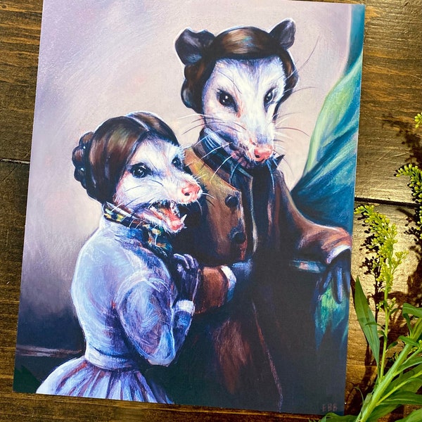 Victorian Possum Couple 8x10" Fine Art Print on Watercolor Paper Signed & Dated - Classical Opossum Painting Renaissance Vintage Style