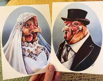 Funny Chicken Couple Art Prints – Romantic Farmhouse Decor