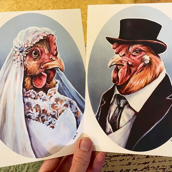 Chicken Couple Art Prints #1-30 Batch A - Funny Cute Romantic Vintage Farmhouse Gothic 5x7 8x10 prints on Deluxe Watercolor Rooster and Hen