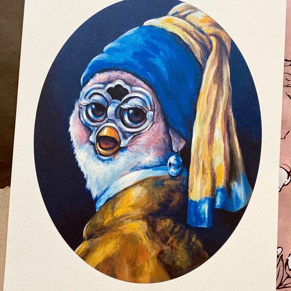 Lámina artística de Furby con pendiente de perla – Firmada, en papel acuarela de 8x10 pulgadas