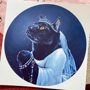 First ComMewnion Cat Print Signed & Dated - Catholic Communion Vintage Style Black Cat 8 x 8 Print on Deluxe Watercolor Paper - High Quality