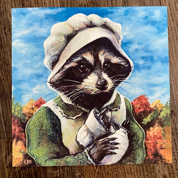 June & Violet Raccoon Art Print Signed and Dated - Woodland Vintage Cottage Style Quirky 7x7” print on Deluxe Watercolor Paper