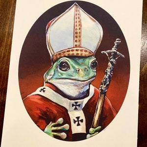 Pope John Frog the First Print Signed & Dated- Classical Catholic  8 x 10 Treefrog Funny parody Print on Deluxe Watercolor Paper