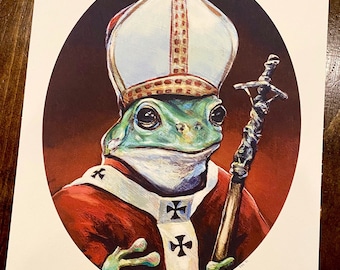 Pope John Frog the First Print Signed & Dated- Classical Catholic  8 x 10 Treefrog Funny parody Print on Deluxe Watercolor Paper