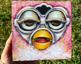 Exhausted Furby Print (7x7")  Cute Funny 90s Gallery Wall Statement Piece Weird Nostalgia Art Painting