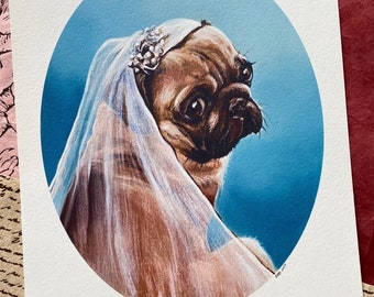 Stampa artistica di Beatrice la sposa carlino – Divertente ritratto di cane vintage