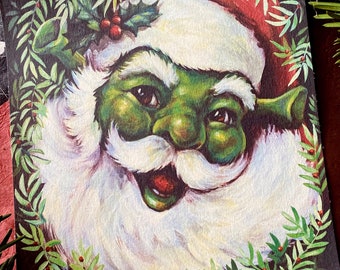 Stampa acquerello di Babbo Natale Shrek – Arte natalizia firmata (8x8)