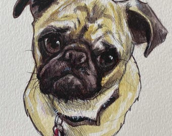 Ritratto personalizzato di un animale domestico – Acquerello e penna dipinti a mano (5x7)