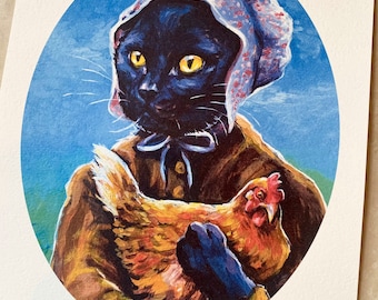 Stampa del gatto Jody the Farm – Cottagecore Black Cat & Chicken Art