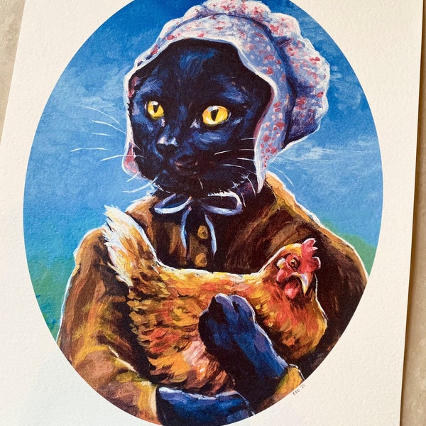 Jody the Farm Cat Print Signed & Dated- Classical 8 x 10 Black Cat Chicken Cottagecore Print on Deluxe Watercolor Paper - High Quality