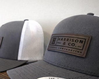 Custom Logo Trucker Hat: Engraved Leatherette Patch, Company Promotional Gift Richardson and Yupoong Hats