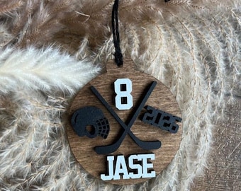 Personalized Hockey Ornament | Custom Hockey Player Christmas Ornament | Wood Hockey Keepsake | Team Number & Year Ornament | Hockey Gift
