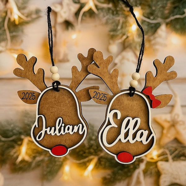 Personalized Reindeer Christmas Ornament - Laser Cut Wood - Wood Reindeer Christmas Ornament - Reindeer Christmas Ornament