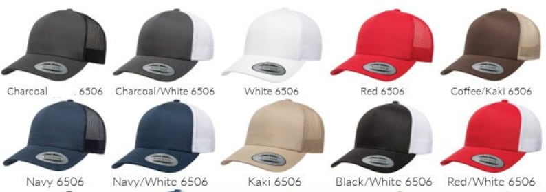 Puede incluir: Diez variaciones de color diferentes de una gorra de camionero con malla en la parte posterior. Las gorras est&aacute;n disponibles en colores s&oacute;lidos y combinaciones de dos colores. Las gorras tienen una visera plana y un estilo cl&aacute;sico de gorra de camionero.
