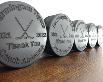 Personalized hockey pucks | coach gifts | hockey pucks | engraved hockey pucks | thank you gift | coaches gift | team player gift | engraved