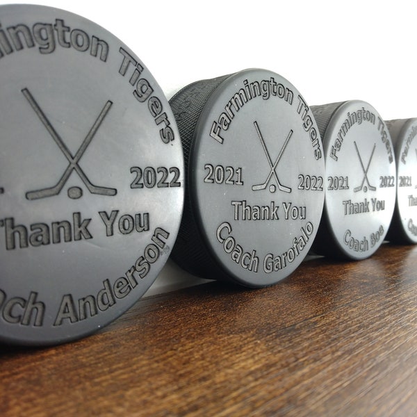 Personalized hockey pucks | coach gifts | hockey pucks | engraved hockey pucks | thank you gift | coaches gift | team player gift | engraved