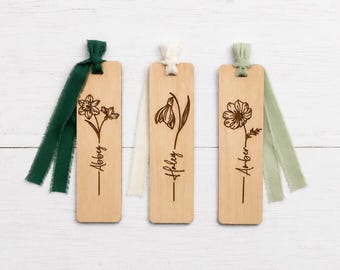 Personalized Wooden Bookmark with Ribbon | Custom Floral Engraved Bookmark | Boho Wood Bookmark Gift for Book Lovers | Teacher Gift