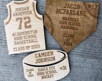 Laser Engraved Solid Wood Sports Plaque: Baseball, Basketball, Hockey