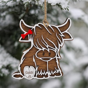 Personalized Highland Cow Ornament: Rustic Wood Christmas Decoration