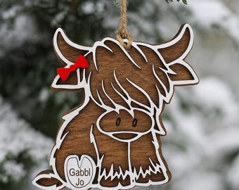 Personalized Highland Cow Ornament: Rustic Wood Christmas Decoration