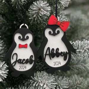 Personalized Penguin Christmas Ornament: Custom Name & Year, Wood