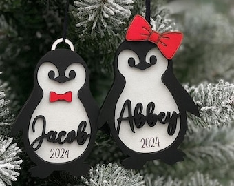 Personalized Penguin Christmas Ornament: Custom Name & Year, Wood