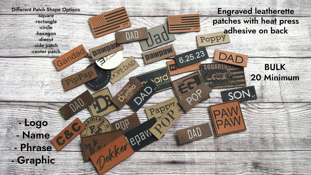 Custom Engraved Leatherette Patches Heat Press Adhesive Faux Leather