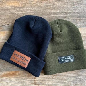 Personalized Beanie: Custom Logo or Text, Engraved Leatherette Patch