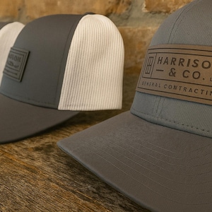 Custom Logo Trucker Hat: Engraved Leatherette Patch, Company Promotional Gift Richardson and Yupoong Hats