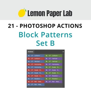 May include: A screenshot of a computer screen showing a list of 21 Photoshop actions for creating block patterns. The actions are named with a prefix "BL-2T" followed by a description, such as "Uniform", "Vertical", "Scale - D", "Rotation", and "Rot - 4wa".