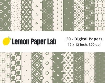 Olive Green Digital Paper, Green and Beige Polka Dot Pattern, Olive and Off White Geometric Patterns, Earth Tones, Earthy Colors Collection