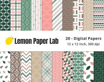 Pink and Green Digital Paper, Seamless Geometric Patterns, Coral and Brown Papers, Sage Green and Tan Backgrounds, Tropic Vibes Collection
