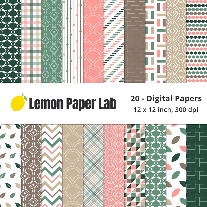 Pink and Green Digital Paper, Seamless Geometric Patterns, Coral and ...