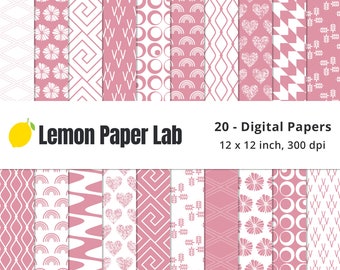 Pink Geometric Pattern, Pink and White Digital Paper, Mauve Patterns, Rose Color Digital Backgrounds, Abstract, Romantic Colors Collection