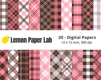 Pink & Brown Plaid Patterns, Seamless Plaid Digital Paper, Salmon Background, Pink Digital Pattern, Printable Paper for Scrapbooking, Crafts