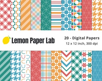 Geometric Digital Paper Seamless, Blue, Orange, Red & Green Patterns, Coral and Teal Papers, Stripe, Plaid, Chevron, Floral Vista Collection