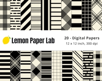 Black and Cream Scrapbook Papers, Black and Off White Striped Patterns, Black and White Stripe Digital Paper, Seamless Pattern, Plaid, Grid