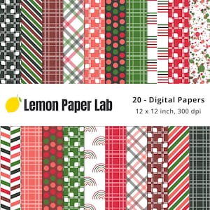Papeles digitales verdes y rojos, fondos digitales navideños, lunares, rayas, cuadros y patrones geométricos, colección navideña festiva