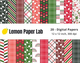 Green and Red Digital Papers, Christmas Digital Backgrounds, Polka Dot, Striped, Plaid & Geometric Patterns, Festive Christmas Collection