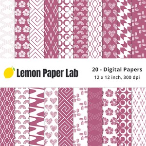 Puede incluir: Veinte papeles digitales con varios patrones geométricos y florales en blanco sobre un fondo rosa. Los papeles son de 30,5 x 30,5 cm y 300 dpi. El texto "Lemon Paper Lab" está en la parte superior de la imagen.