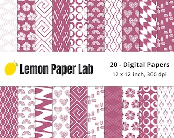 Geometric Digital Paper, Purple Background, Red & White Papers, Raspberry Backgrounds, Dark Fuchsia Scrapbook Paper, Beach Colors Collection