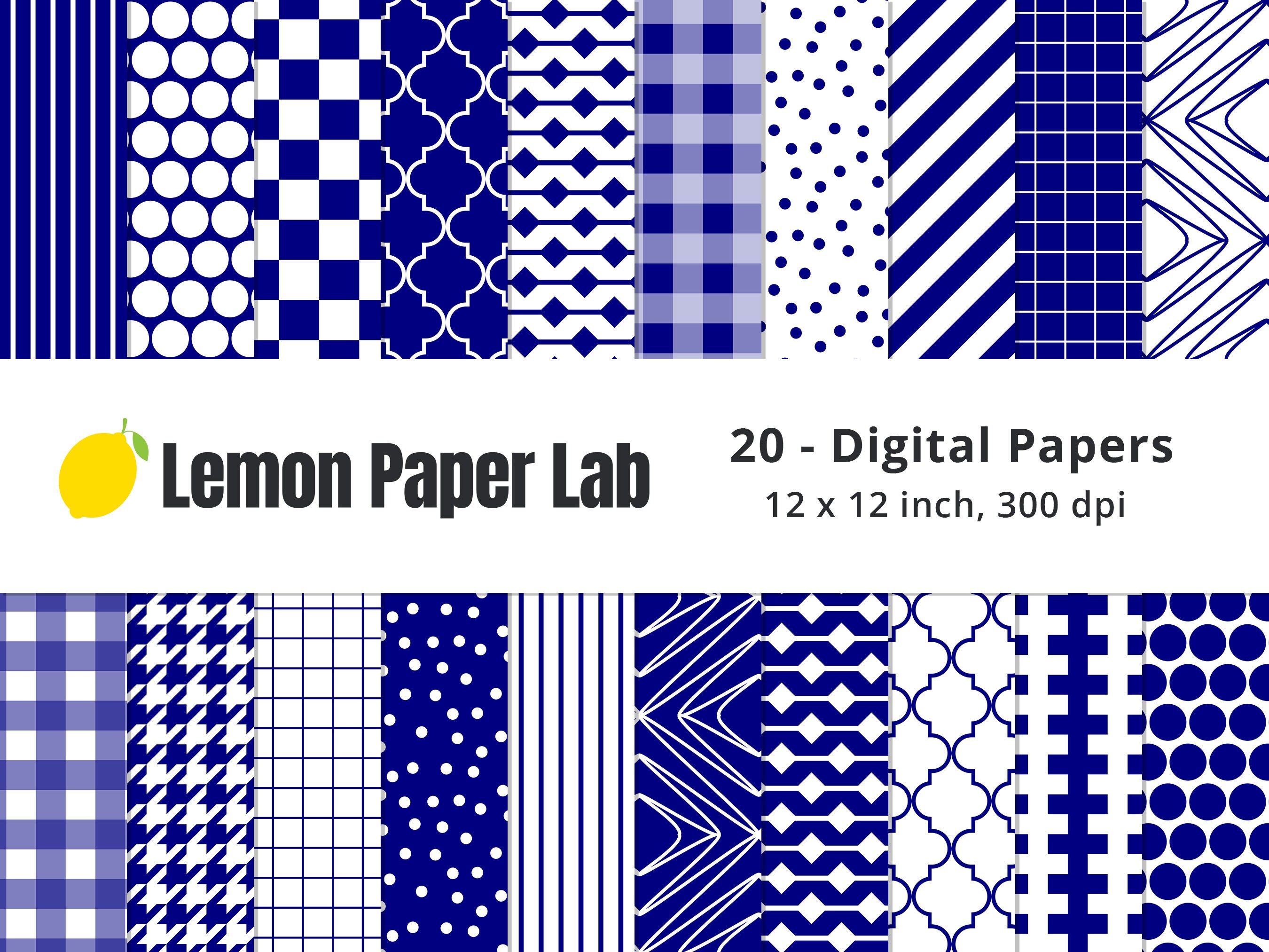 Navy Blue and White Digital Papers, Pinstripe, Houndstooth, Stripes ...