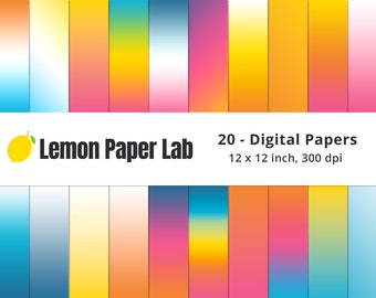 May include: 20 digital papers in a variety of colors and gradients. The papers are 12 x 12 inches and 300 dpi. The text "Lemon Paper Lab" is at the top of the image.