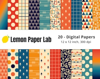 Orange & Blue Digital Paper, Retro Gradient, Retro Colors, Retro Background, Blue Backgrounds, Orange Pattern, Digital Scrapbooking Papers
