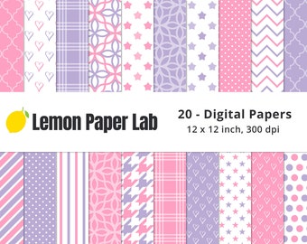 Pink and Purple Digital Paper Backgrounds, Digital Scrapbook Paper, Plaid, Star, Polka Dot, Chevron, Houndstooth, Striped & Heart Patterns.