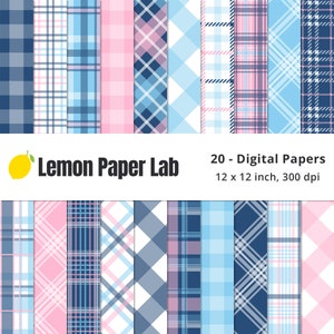 Marine & rosa kariertes digitales Papier, rosa karierte nahtlose Datei, blau karierte nahtlose Dateien, druckbare Plaids, Buffalo Check, Scrapbook Muster