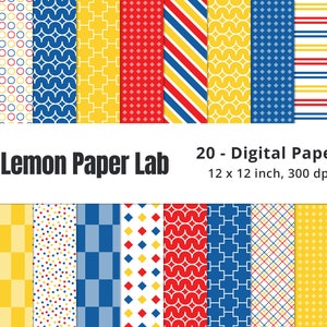 Patrones y Fondos de Papel Digital Colores Primarios Rojo, Amarillo, Azul para Scrapbooking con Uso Comercial