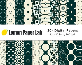 May include: A set of 20 digital papers featuring geometric patterns in black and cream on a dark green background. The papers are 12 x 12 inches and 300 dpi. Lemon Paper Lab.
