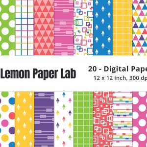 May include: Twenty digital papers with various geometric patterns in bright colors, including green, yellow, blue, pink, and purple. The papers are 12 x 12 inches and 300 dpi.